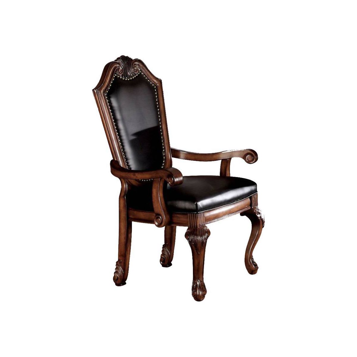 28" Chateau De Ville Dining Chair Black Synthetic Leather and Cherry Finish - Acme Furniture: Queen Anne Legs, Shell Carvings