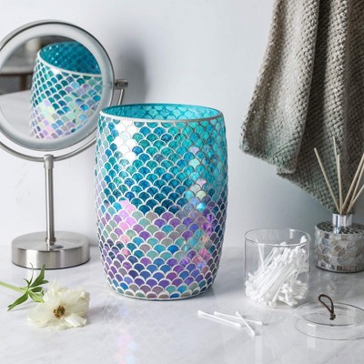 Mermaid Blue Mosaic Glass Cylindrical Bathroom Wastebasket