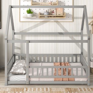 CAVINAS Twin/Full Size Kids Toddler Bed with Wood Roof Frame,Floor Bed with Fence Design,Montessori Bed for Bedroom Playroom,Gray/White/Brown/Pink - 1 of 4