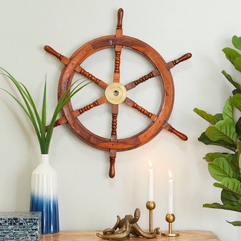 30 x 30 Wood Sail Boat Ship Wheel Wall Decor with Gold Hardware Brown -  Olivia & May