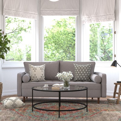 Slate Gray Mid-Century Modern Faux Linen Sofa with Wood Legs
