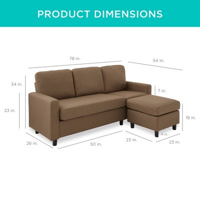 Brown Linen Sectional Sofa with Reversible Ottoman and Wood Frame