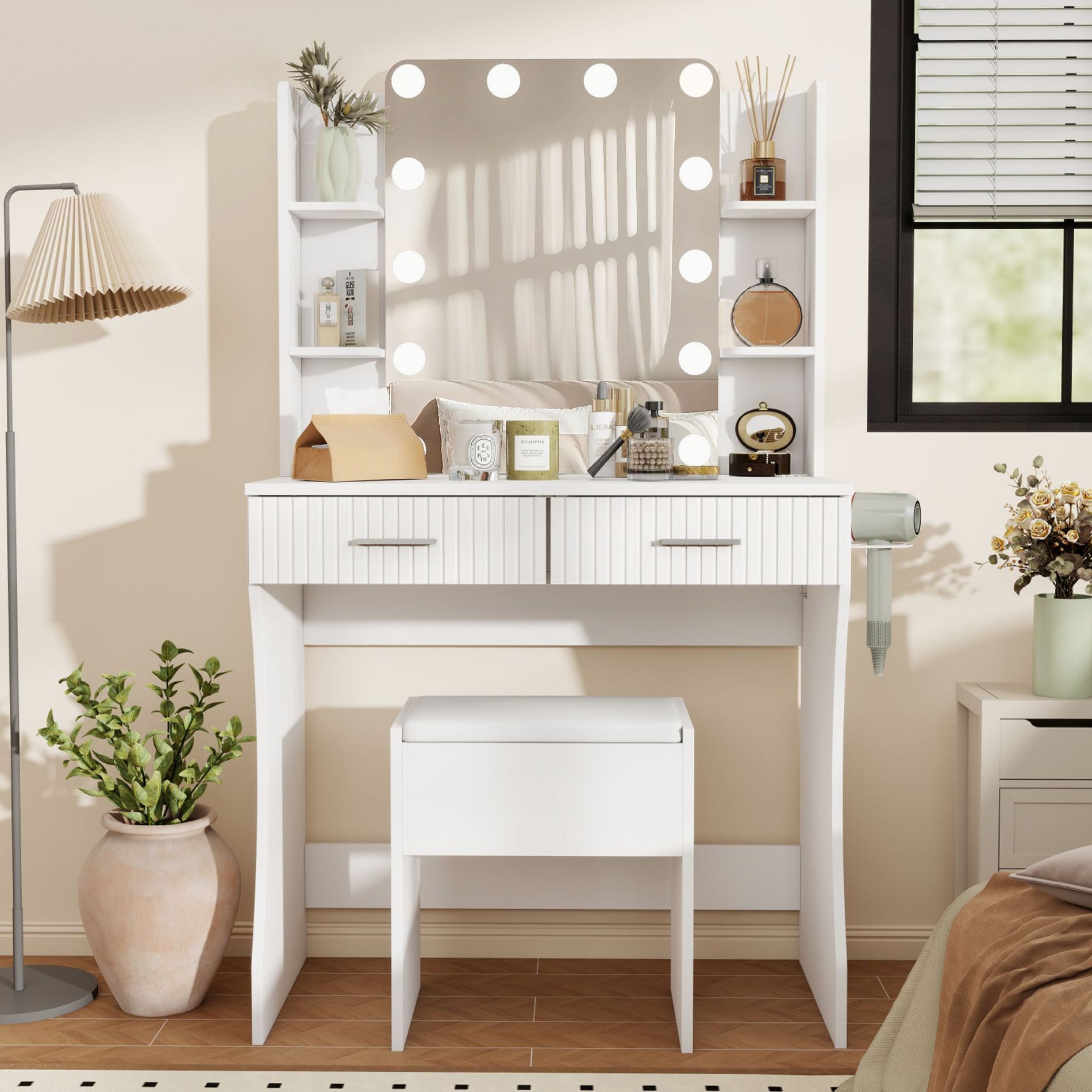 Vanity Desk with LED Lighted Mirror and 3 Adjustable Lights,  Makeup Vanity with Storage Stool, 2 Large Drawers and 4 Open Shelves, White