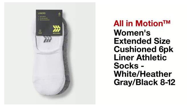 Women&#39;s Extended Size Cushioned 6pk Liner Athletic Socks - All In Motion&#8482; White/Heather Gray/Black 8-12, 2 of 5, play video