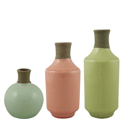 Raz Imports Set of 3 Glazed Terracotta Crackled Bottles Spring Bud Vases 9.5" - Pastel/Brown