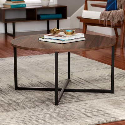 Mid-Century Walnut and Black Metal Round Coffee Table with Scratch-Resistant Top