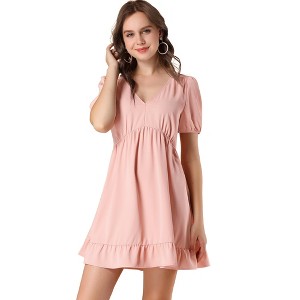 Allegra K Women's V Neck Short Sleeve Ruffle Hem Babydoll Dress - 1 of 4