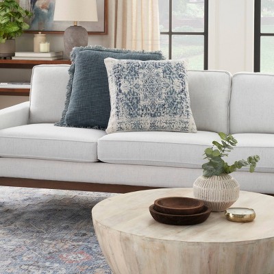 20" Ivory and Navy Cotton Vintage Medallion Throw Pillow
