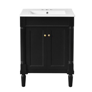 Vynxaria 24" Black Modern Bathroom Storage Cabinet with Top Sink and Ample Shelves - 1 of 4