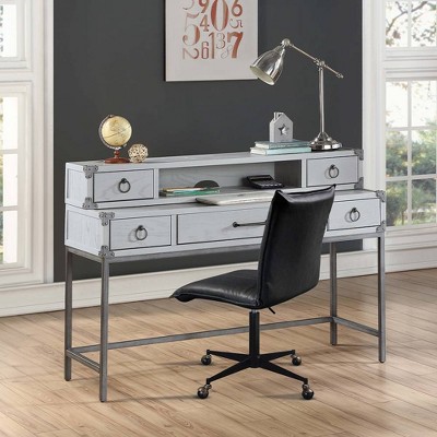 Gray Wood Writing Desk with Drawers and Metal Legs