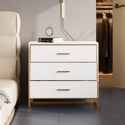 FUFU&GAGA Modern White Nightstand with Gold Accents - 3 - Drawer Bedroom Organizer