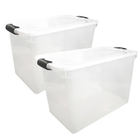 HOMZ 112 Quart Extra Large Rectangular Clear Plastic Storage Container Bins  with Secure Latching Lid, Grey Latch, (2-Pack)