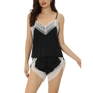 cheibear Womens Sleepwear Pjs Lace Trim Satin Lingerie Silk Cami with Shorts Pajama Set - 1 of 4