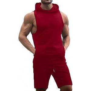 Men's Tracksuit 2 Piece Sleeveless Hooded Workout Tank Top and Shorts Casual Athletic Sports Hoodie Shorts Set - 1 of 4