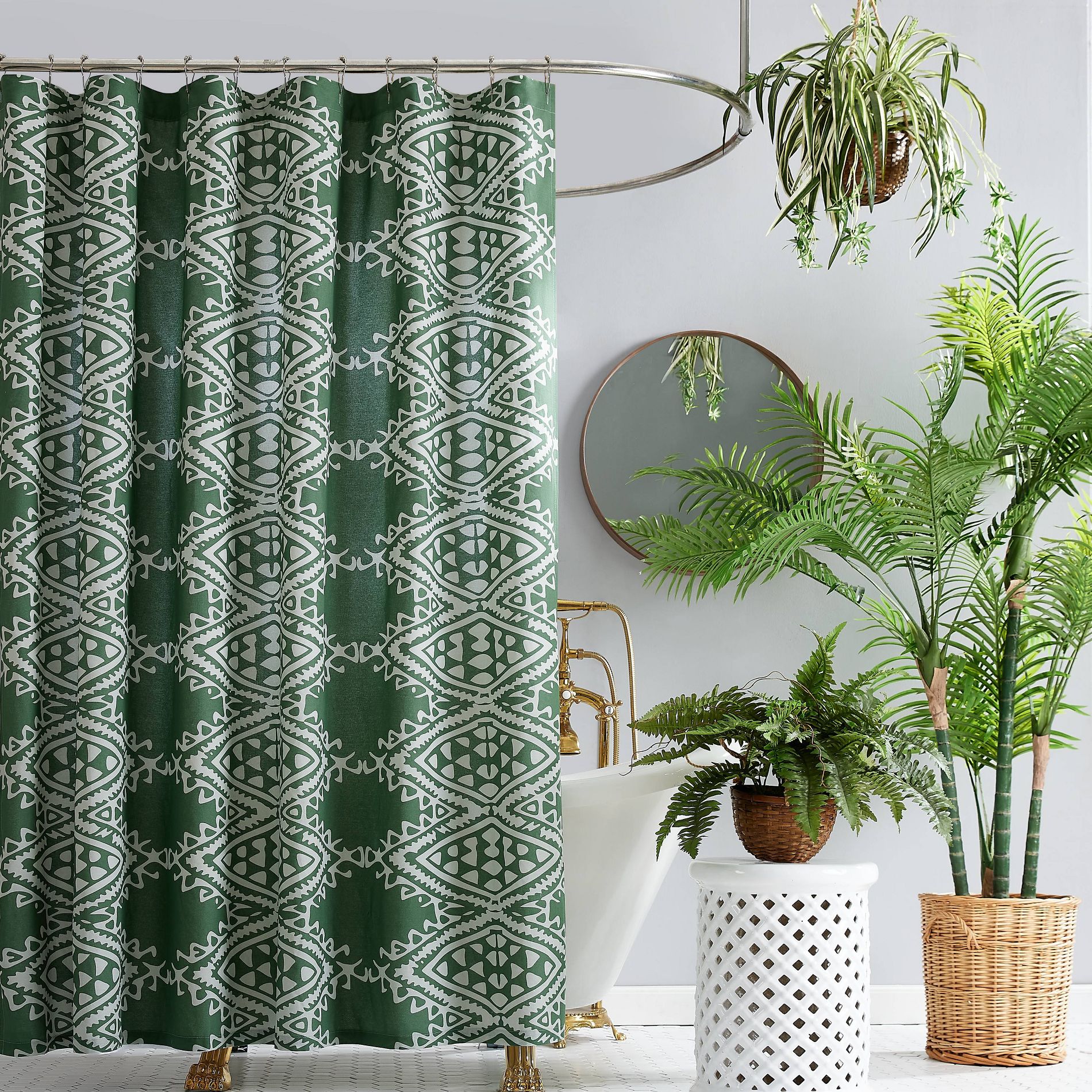 Jungalow Aisha Shower Curtain Green 100% Cotton, Machine Washable, Buttonhole Top