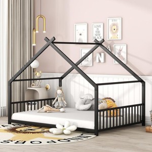 Streamdale Full Size Metal House Bed, Black - 1 of 4