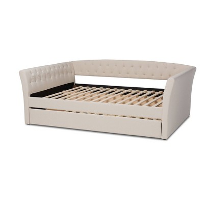 Beige Upholstered Full Daybed with Trundle and Tufted Design