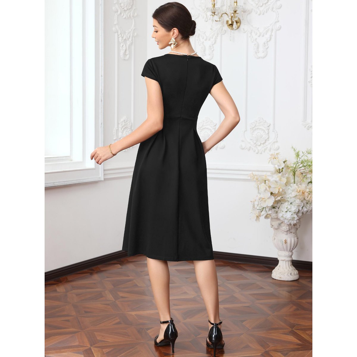 Женские платья INSPIRE CHIC Women's Vintage Square Neck Cap Sleeve Causal A-Line Midi Dresses Small Black — фото 3