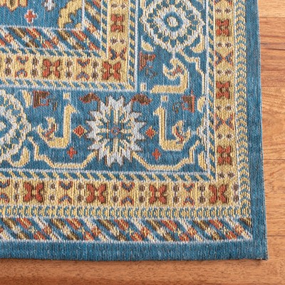Elegant Vintage Blue & Gold 8' x 10' Flat Woven Cotton Rug