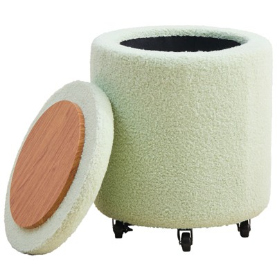 KTMBDW Storage Ottoman Foot Rest Round Footstool Teddy Velvet Footrest Multifunctional Rolling Stool Ottoman with Wheels for Living Room, Bedroom