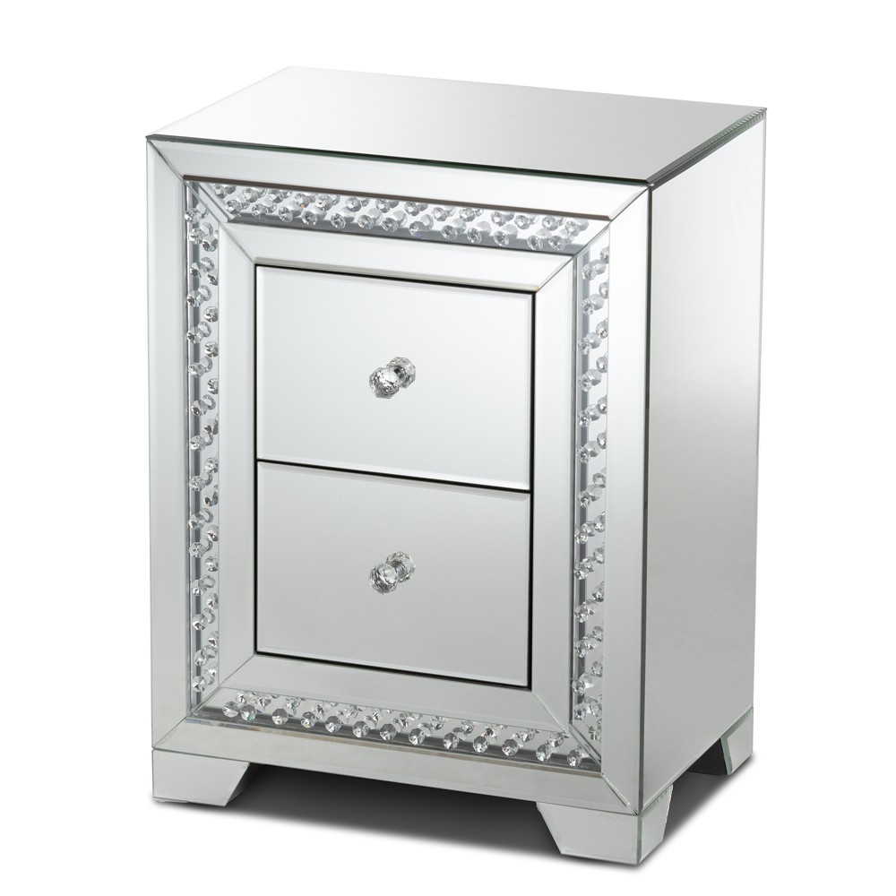 Mina Mirrored 2 Drawer Nightstand Bedside Table Silver - BaxtonStudio: Glamorous, Fully Assembled, Crystal Accents