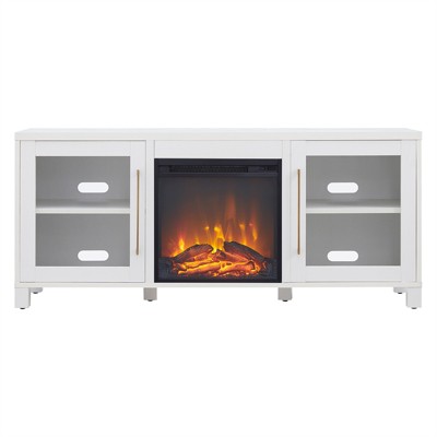 Elegant White 58" TV Stand with Integrated Fireplace and Storage Cabinets