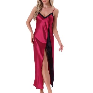 INSPIRE CHIC Women's Long Satin Slit Slip Lingerie V Veck Lace Trim Silky Chemise Long Nightgown - 1 of 4