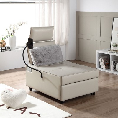 NicBex Convertible Sleeper Chair,3-in-1 Multi-Functional Folding Sofa Bed,Modern Couches with  2 USB port and Pillow for Living Room,White