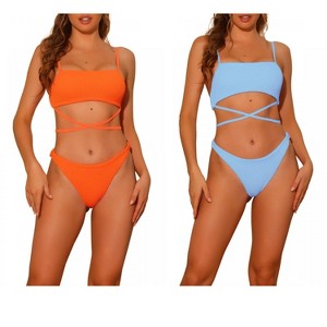 Elerevyo Women's Sporty Ribbed Bikini Lace-up Adjustable Spaghetti Straps Swimwear Bathing Suits 2 Pieces 2 Sets - 1 of 4