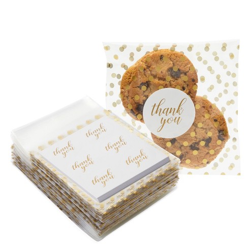 Sparkle And Bash 250 Pack Cellophane Cookie Bags With Thank You Stickers Gold Polka Dots Treat Bags 4x4 In Target