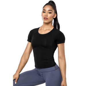BLUEMING Womens Athletic Tops Cropped Breathable Activewear T-Shirts Round Neck Back Ventilated Mesh Tops Gym Jogger Outfits - 1 of 4