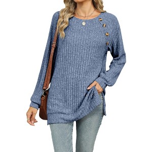 Women's Ribbed Long Sleeve T-Shirt Crew Neck Split Hem Top with Decorative Buttons Casual Top - 1 of 4
