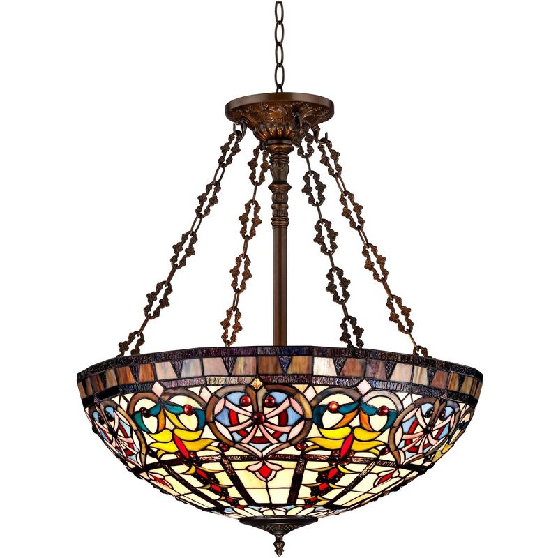 Robert Louis Tiffany Bronze Pendant Chandelier 24" Wide Tiffany Style Ornamental Stained Glass Bowl Fixture Dining Room Kitchen, 1 of 9