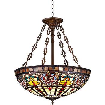 Robert Louis Tiffany Bronze Pendant Chandelier 24" Wide Tiffany Style Ornamental Stained Glass Bowl Fixture Dining Room Kitchen