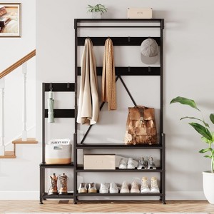 Industrial Hall Tree with Shoe Storage Bench, Parent-Child Coat Rack with Removable Hooks & Hanging Rail, Retro Style for Entryway or Bedroom - 1 of 2