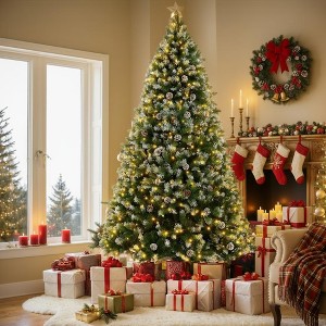 KRISRATE 6FT/7.5ft Pre-lit Christmas Tree, Snow Flocked Artificial Christmas Tree with 51/80 Pinecones &756/1346 PVC Branch Tips & 250/550 Warm Lights - 1 of 4