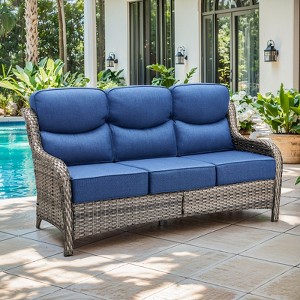6" Thick Cushion Outdoor Wicker Patio Sofa, All Weather Wicker Outdoor Furniture 3-Seater Sofa High Back Patio Couch for Porch Balcony - 1 of 4