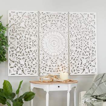 Set of 3 Wooden Floral Handmade Intricately Carved Wall Decors with Mandala Design White - Olivia & May