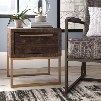 Transitional Smokey Taupe Square Side Table with Gold Metal Accents
