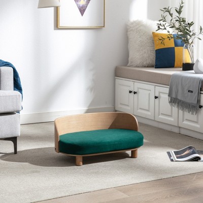 FURNIinspire Pet Beds Elevated Dog Bed Pet Sofa With Solid Wood legs and Bent Wood Back, Velvet Cushion, Walnut, Green, 26.77"*15.75"*11.02"
