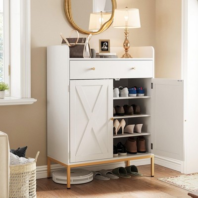 4-Tier Shoe Storage Cabinet, Metal Legs & Adjustable Shelves, Wooden Shoe Rack Organizer
