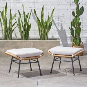 KWPZQEB Faux Rattan Outdoor Patio Ottomans Set of 2, Outdoor Wicker Footrest with Upholstered & Iron Frame, Multipurpose Rattan Ottomans for Indoor - 1 of 4