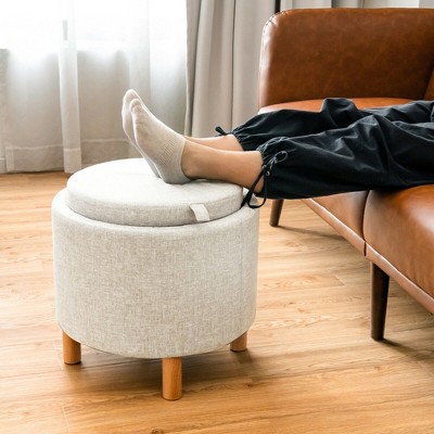 Beige Round Storage Ottoman with Tray and Wood Legs