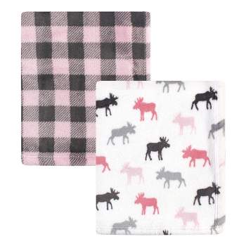 Hudson Baby Infant Girl Cozy Plush Luxury Blankets 2pk, Pink Moose, One Size