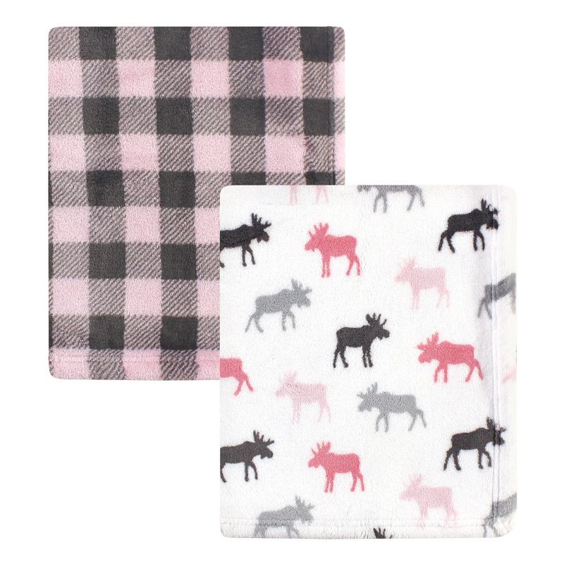 Hudson Baby Infant Girl Cozy Plush Luxury Blankets 2pk, Pink Moose, One Size, 1 of 5