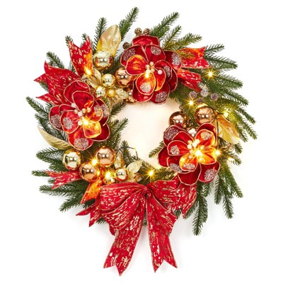 24 Inch Pre-Lit Christmas Wreath, Artificial Pine Decorated with Red Bow, Berries, Pine Cones, and Gold Ball Ornaments,for Indoor Outdoor Decor