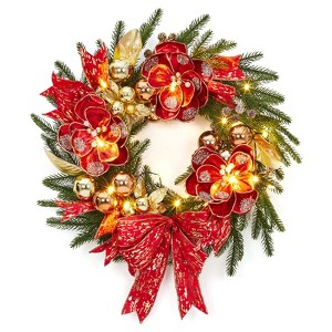 24 Inch Pre-Lit Christmas Wreath, Artificial Pine Decorated with Red Bow, Berries, Pine Cones, and Gold Ball Ornaments,for Indoor Outdoor Decor - 1 of 4