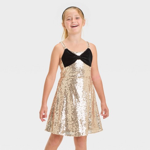 Girls' Sleeveless Sequin Skater Velvet Bow Dress - Cat & Jack™ Gold - image 1 of 3