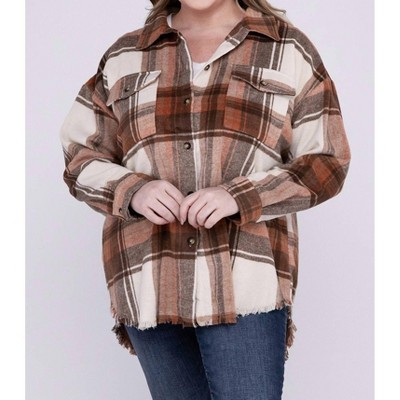 Women's Plus Size Yarn Dyed Plaid Shirt Jacket - Blue B
