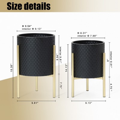 Black Diamond Pattern Metal Planter Set with Gold Stands